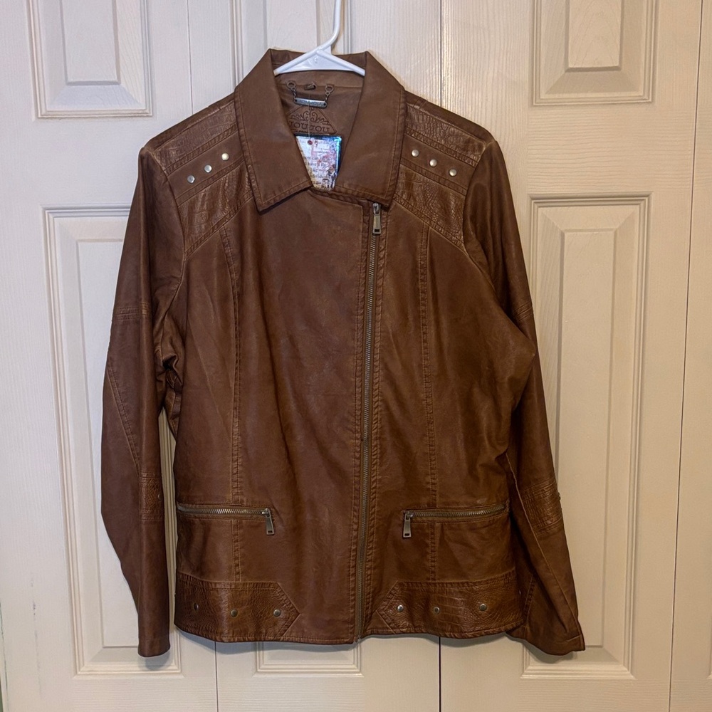 Brown Faux Leather Jacket with Zipper Accents